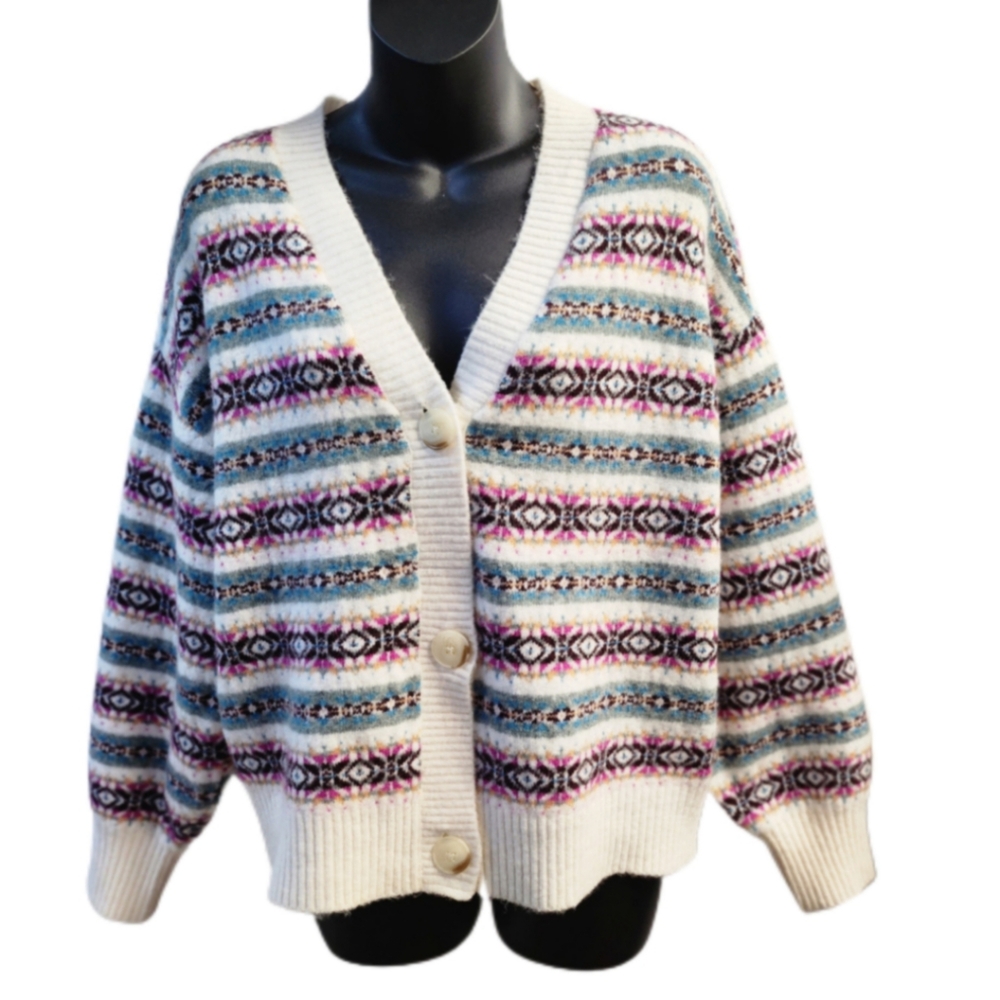 LOFT ANN TAYLOR PETITES STRIPED ABSTRACT PRINT CARDIGAN SIZE LP - Picture 2 of 4